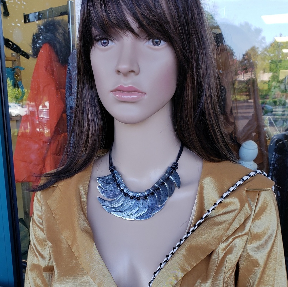 Silver Tusks on Dark Brown Rope Chain Necklace